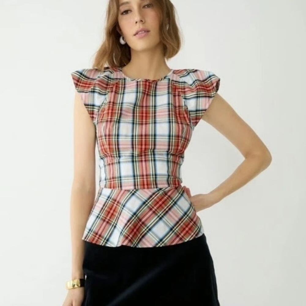 J.Crew Snowy Stewart Tartan Plaid Peplum Top Women’s Size 4 Cap Sleeve Blouse